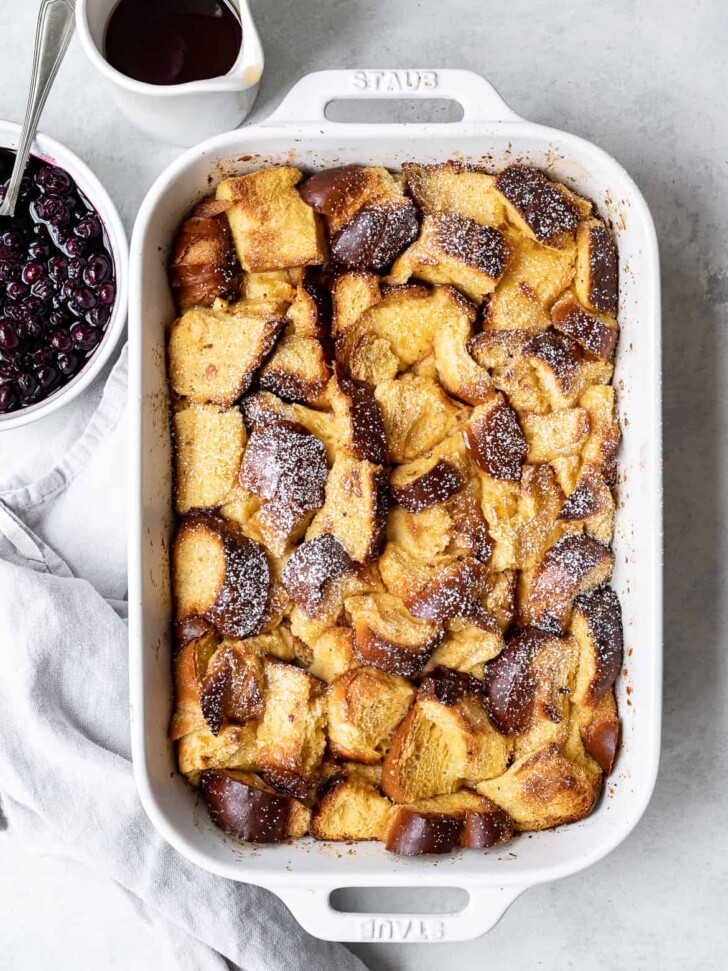 Baked French Toast in baking dish with blueberry compote