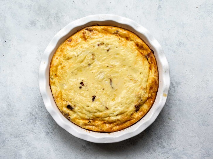 Crustless quiche with bacon and cheese in pie dish
