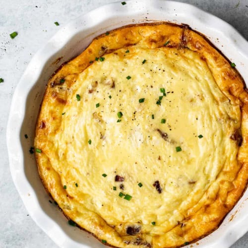 Crustless quiche with bacon in pie dish