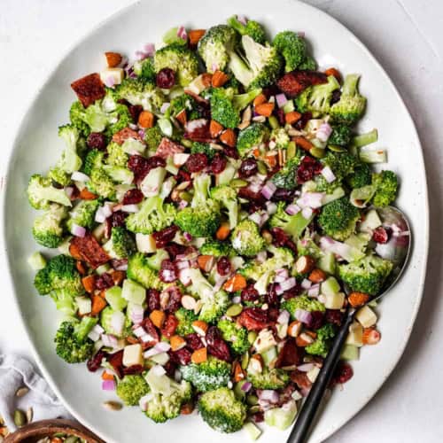 Broccoli salad served on platter