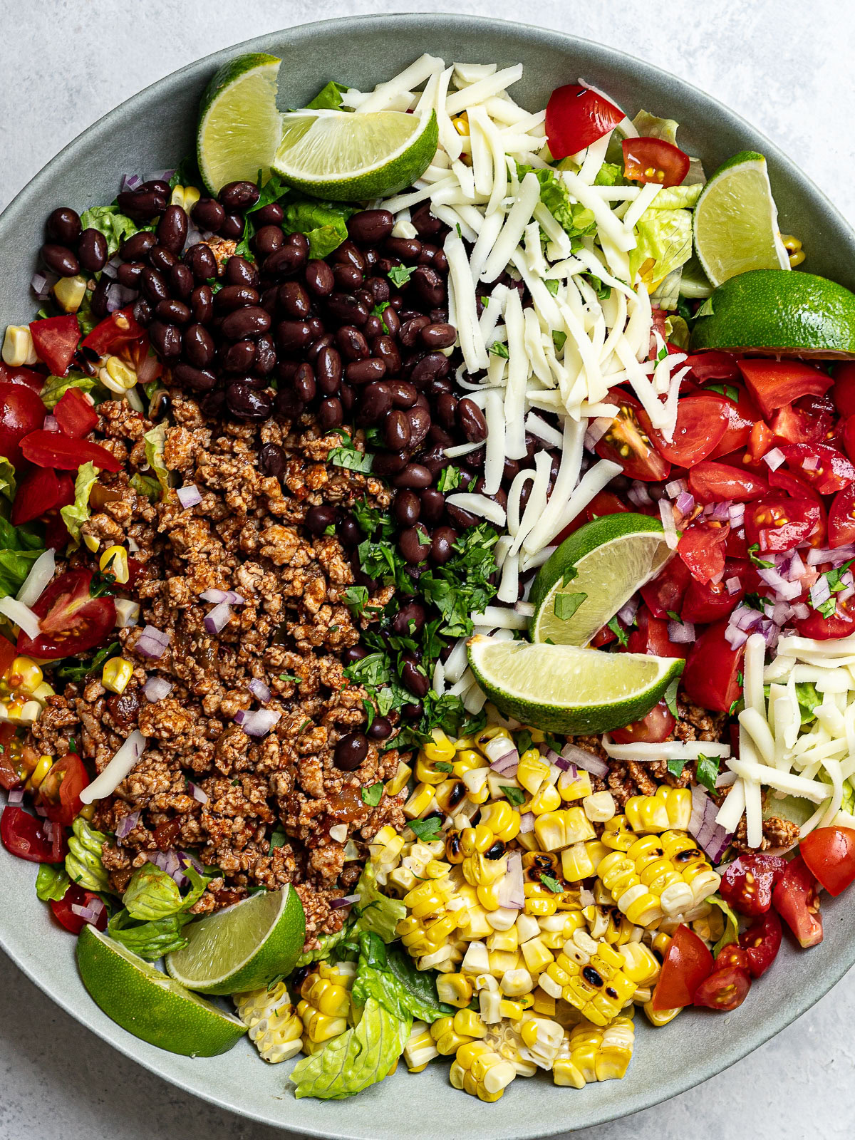 Close up of all the components of taco salad prepared in large tray salad bowl.