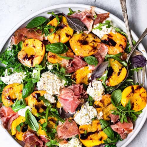 Grilled Peach and Burrata Salad served on platter