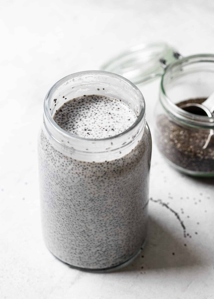 Coconut Chia Pudding in large glass jar 