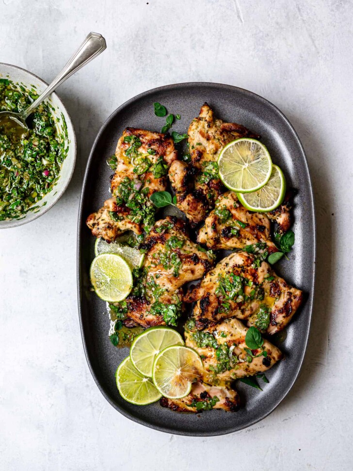 Grilled CHimichurri Chicken on platter 