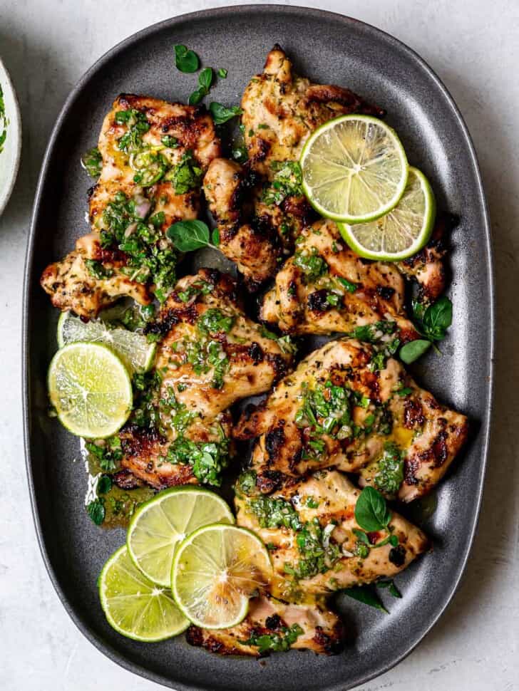 Grilled CHimichurri Chicken on platter 