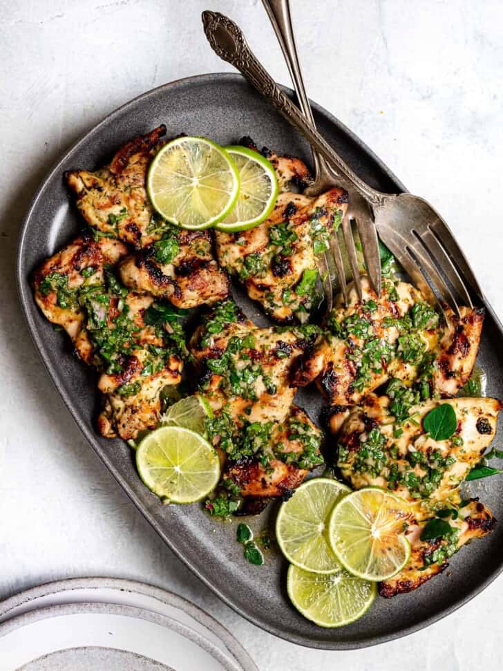 Grilled CHimichurri Chicken on platter 