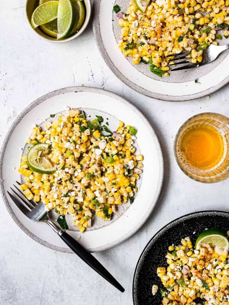 Mexican Street Corn Salad served in small plates 