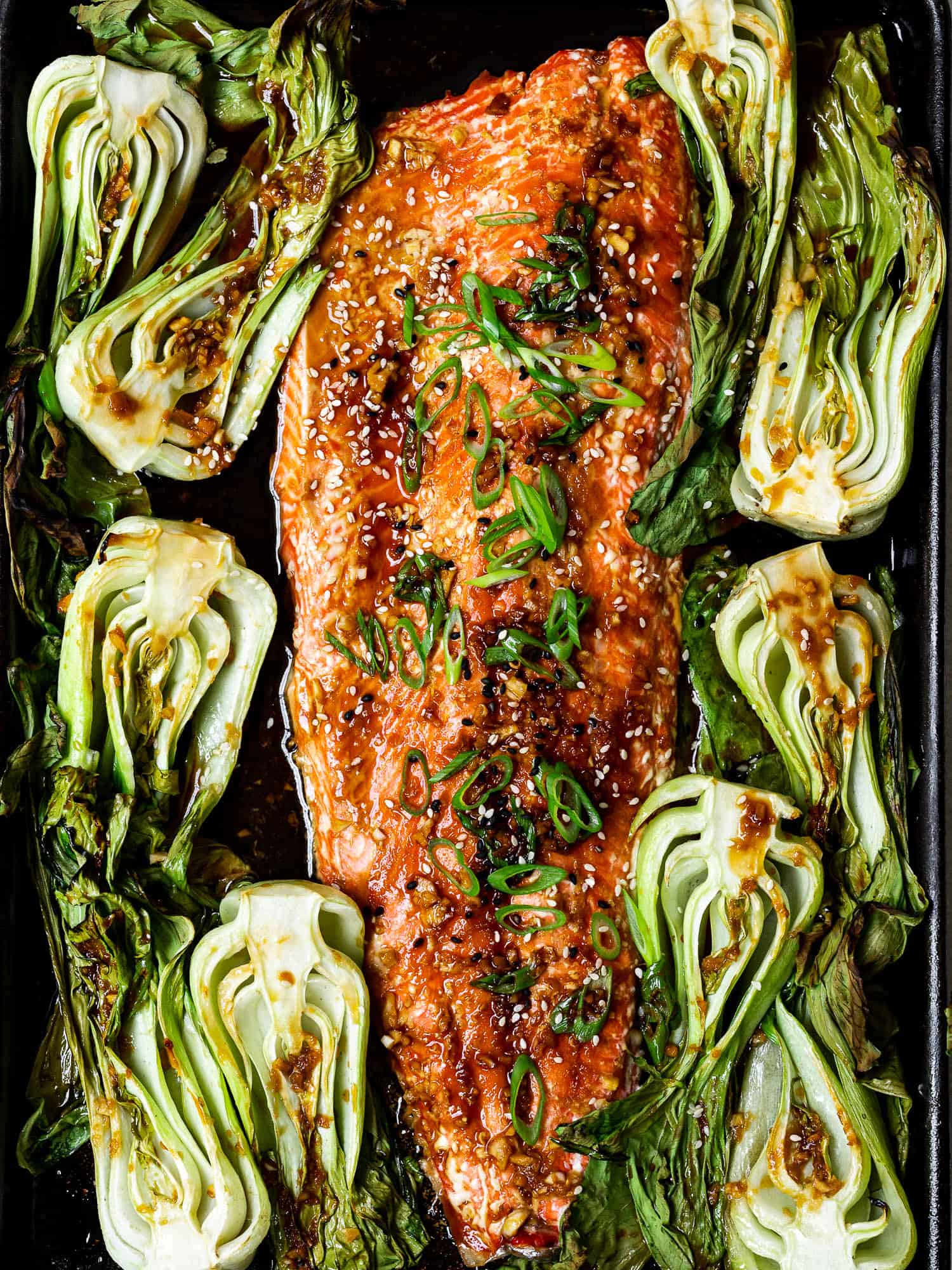 close up of salmon with scallions and sesame seeds