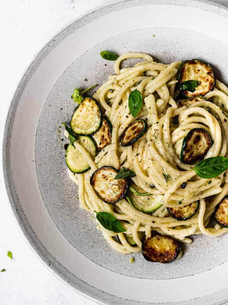 close up of Spaghetti alla Nerano served in a bowl