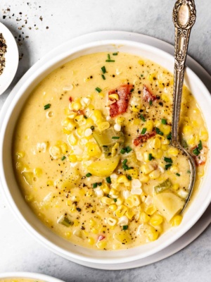 vegan corn chowder served in bowl