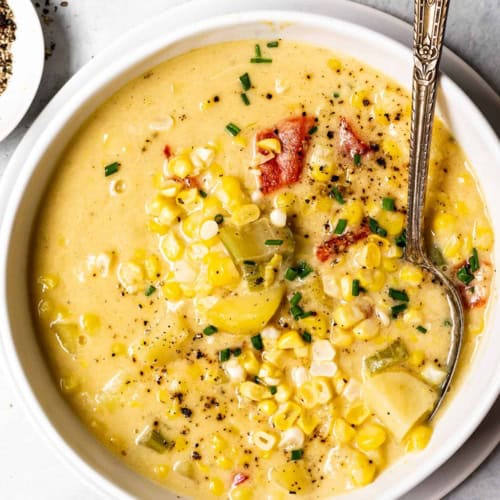 vegan corn chowder served in bowl