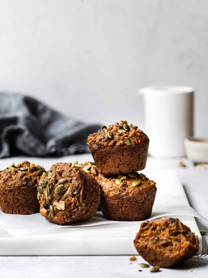 Straight-on view of Baked morning glory muffins 