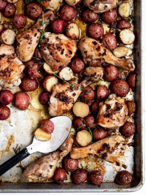Sheet Pan Chicken with caramelized shallots on sheet pan
