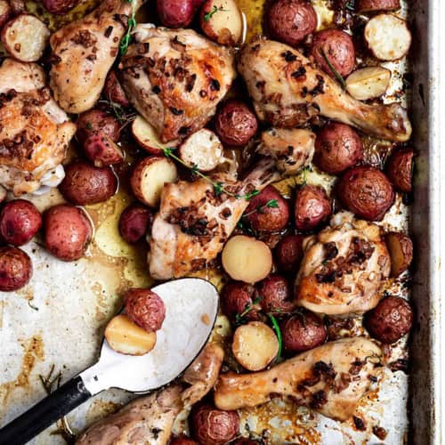 Sheet Pan Chicken with caramelized shallots on sheet pan