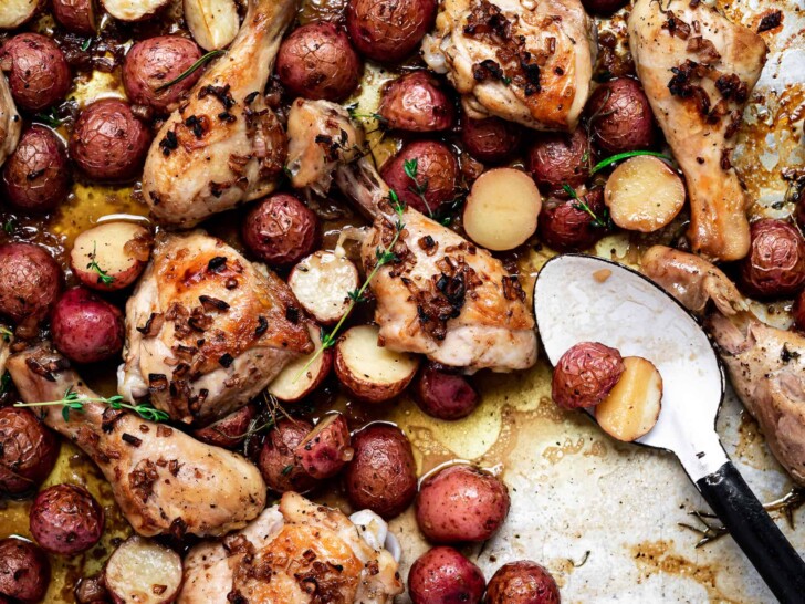 Sheet Pan Chicken with caramelized shallots on sheet pan
