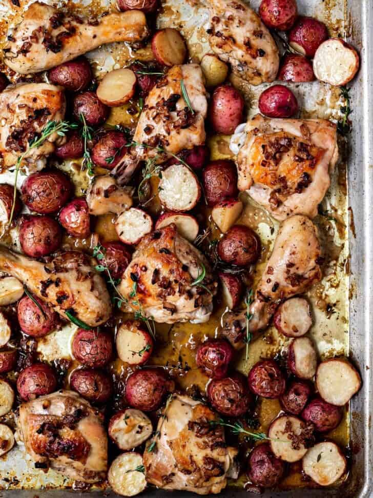 Sheet Pan Chicken with caramelized shallots on sheet pan