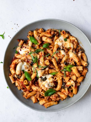 Instant Pot Baked Ziti in serving bowl