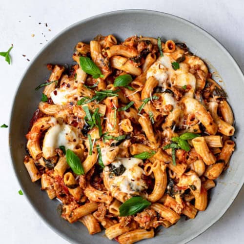 Instant Pot Baked Ziti in serving bowl