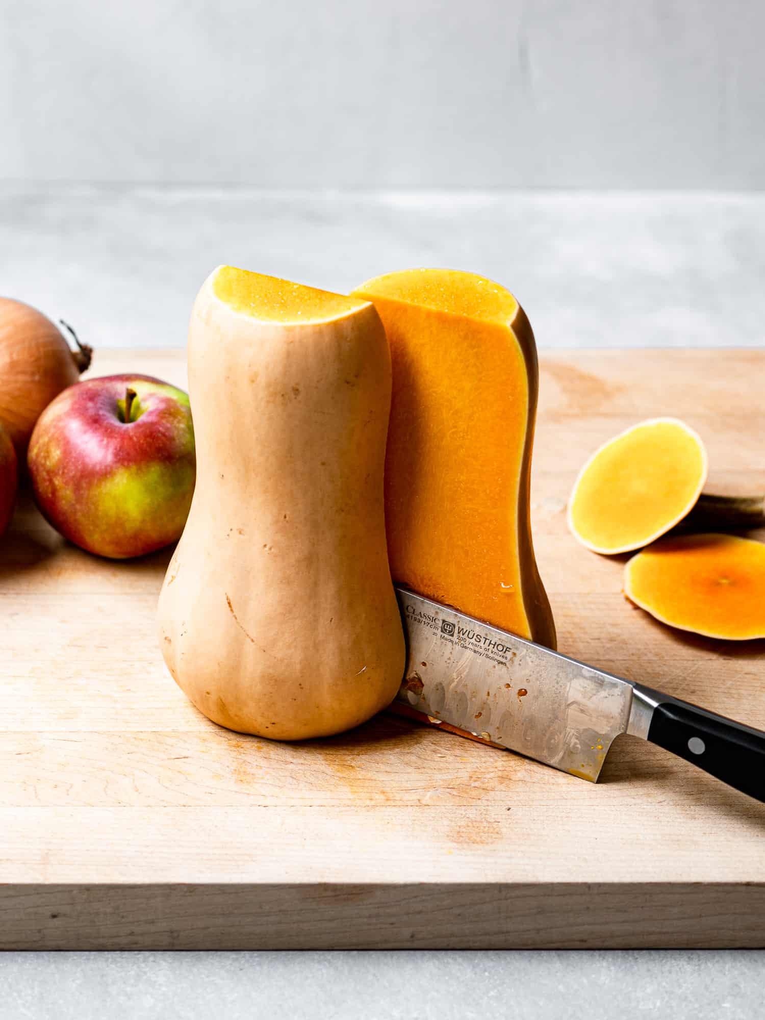 slicing the butternut squash