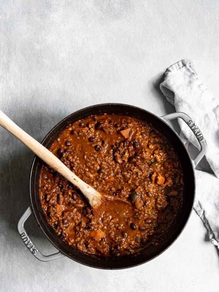 top-view of vegetarian chili cooked in pot