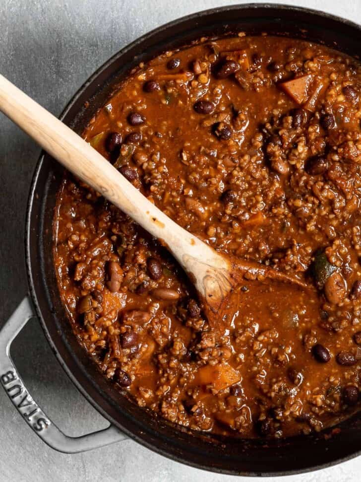 close up of vegetarian chili in pot