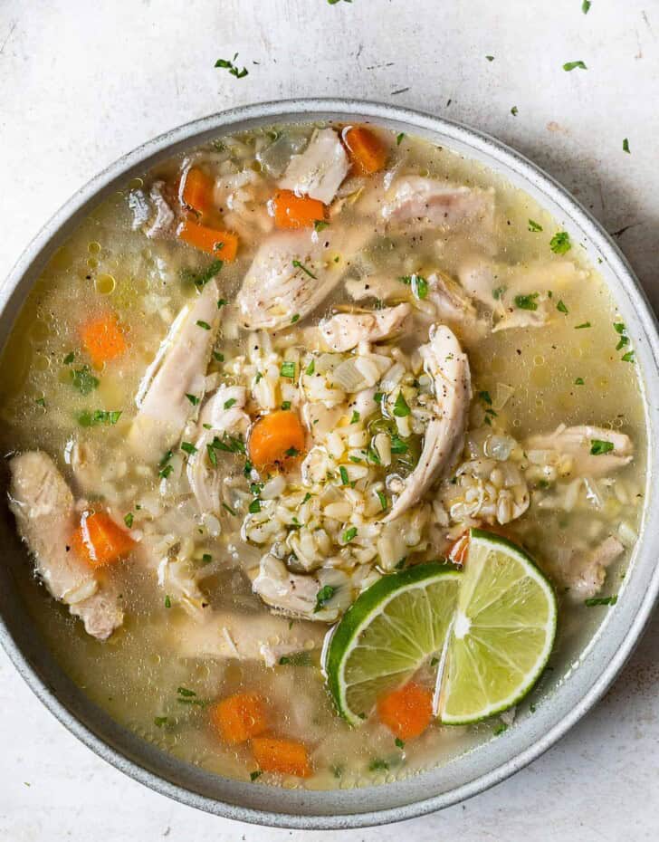 Close-up of chicken and rice soup in bowl