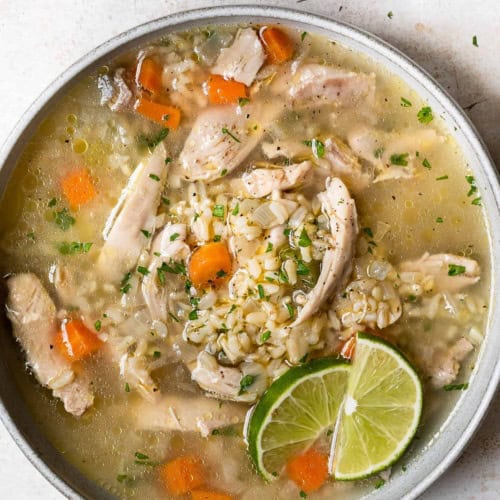 Close-up of chicken and rice soup in bowl