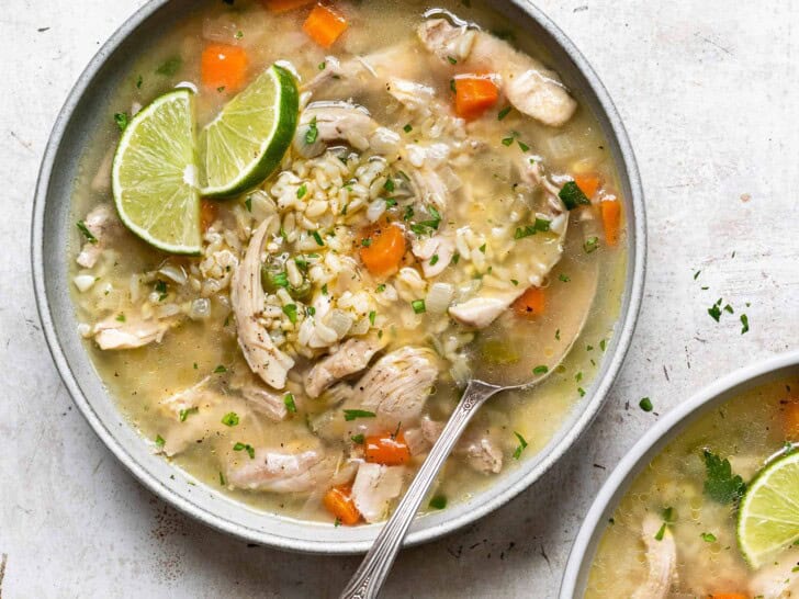 close-up of Chicken and Rice Soup served in two bowls