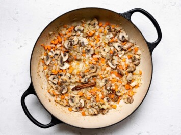 cooking onion-mushroom mixture in skillet