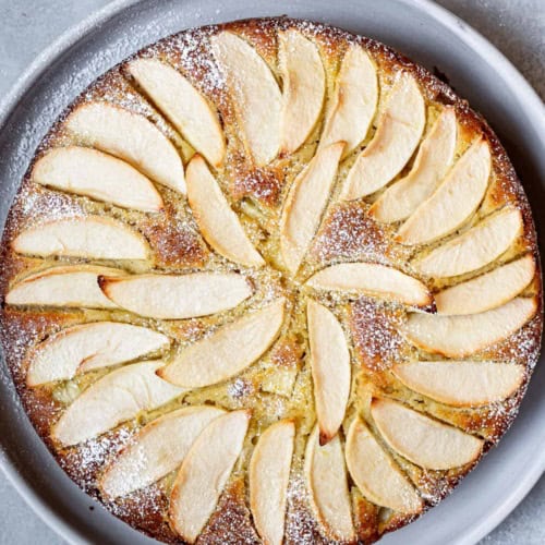 Bird's eye view of Baked Italian Apple Olive Oil Cake on plate