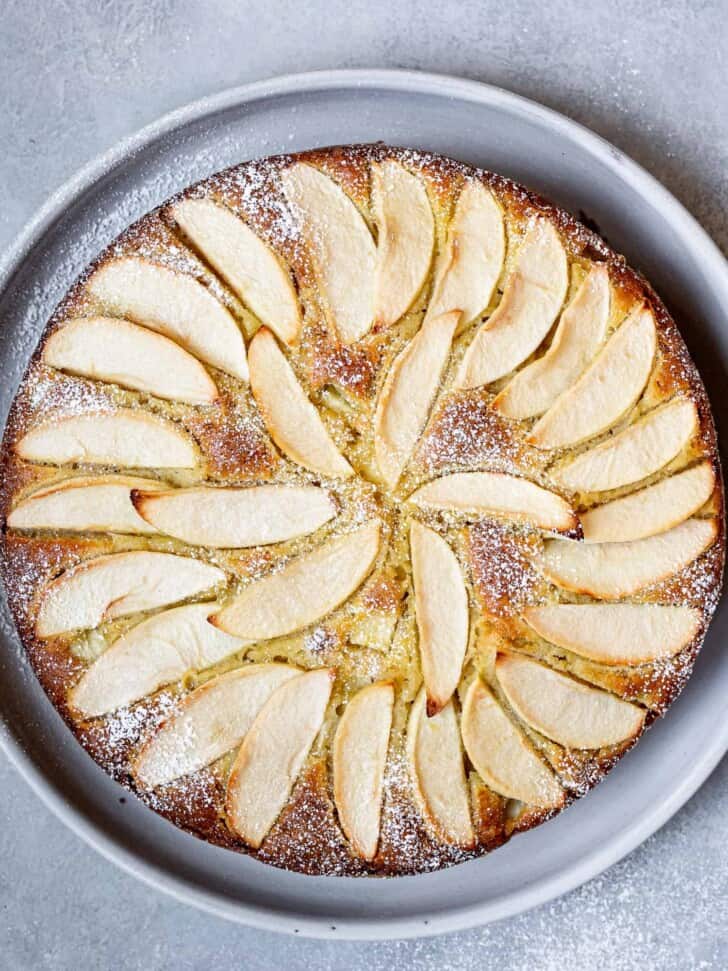 Bird's eye view of Baked Italian Apple Olive Oil Cake on plate