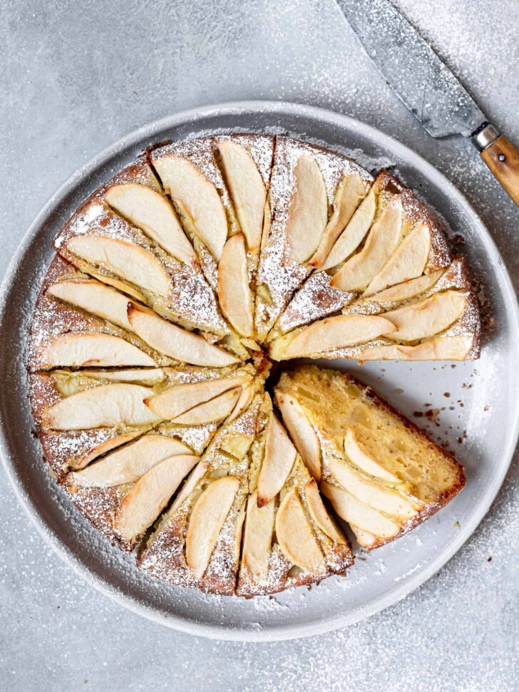 Top view of sliced Baked Italian Apple Olive Oil Cake