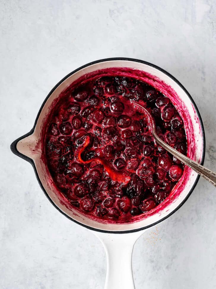 Cooked cranberry sauce in saucepan