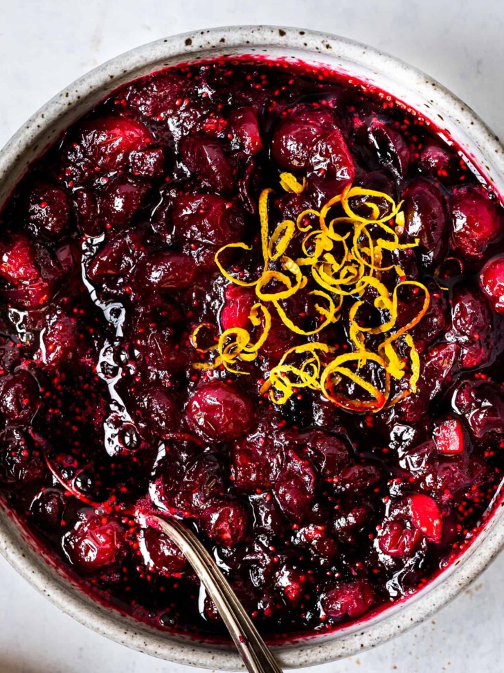 close-up of cooked red wine cranberry sauce