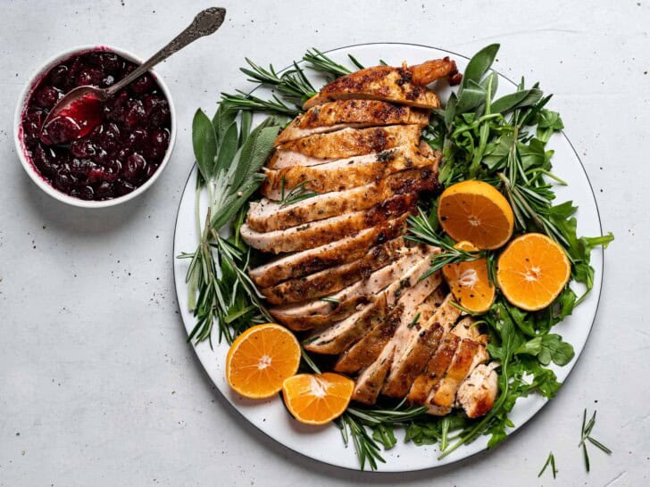 Slow cooker turkey breast with cranberry sauce in bowl