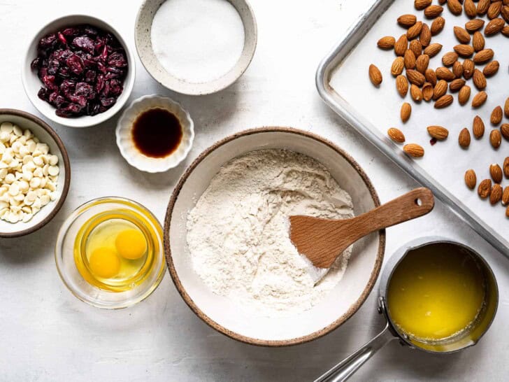 ingredients to make white chocolate cranberry almond biscotti 