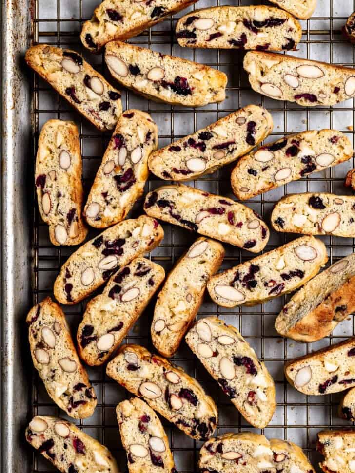 Baked White chocolate cranberry Almond biscotti cooling on wire rack