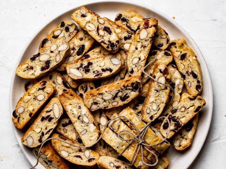 Baked White chocolate cranberry almond biscotti on plate 