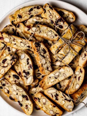 Baked White chocolate cranberry almond biscotti on plate