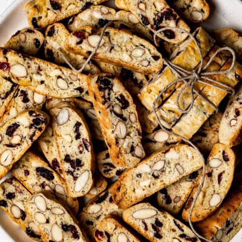 Baked White chocolate cranberry almond biscotti on plate