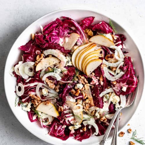 Radicchio Salad with fennel and pear in serving bowl