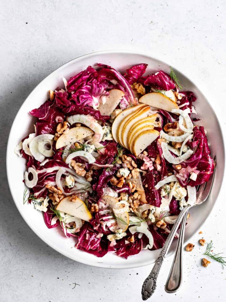 Radicchio Salad with fennel and pear in serving bowl