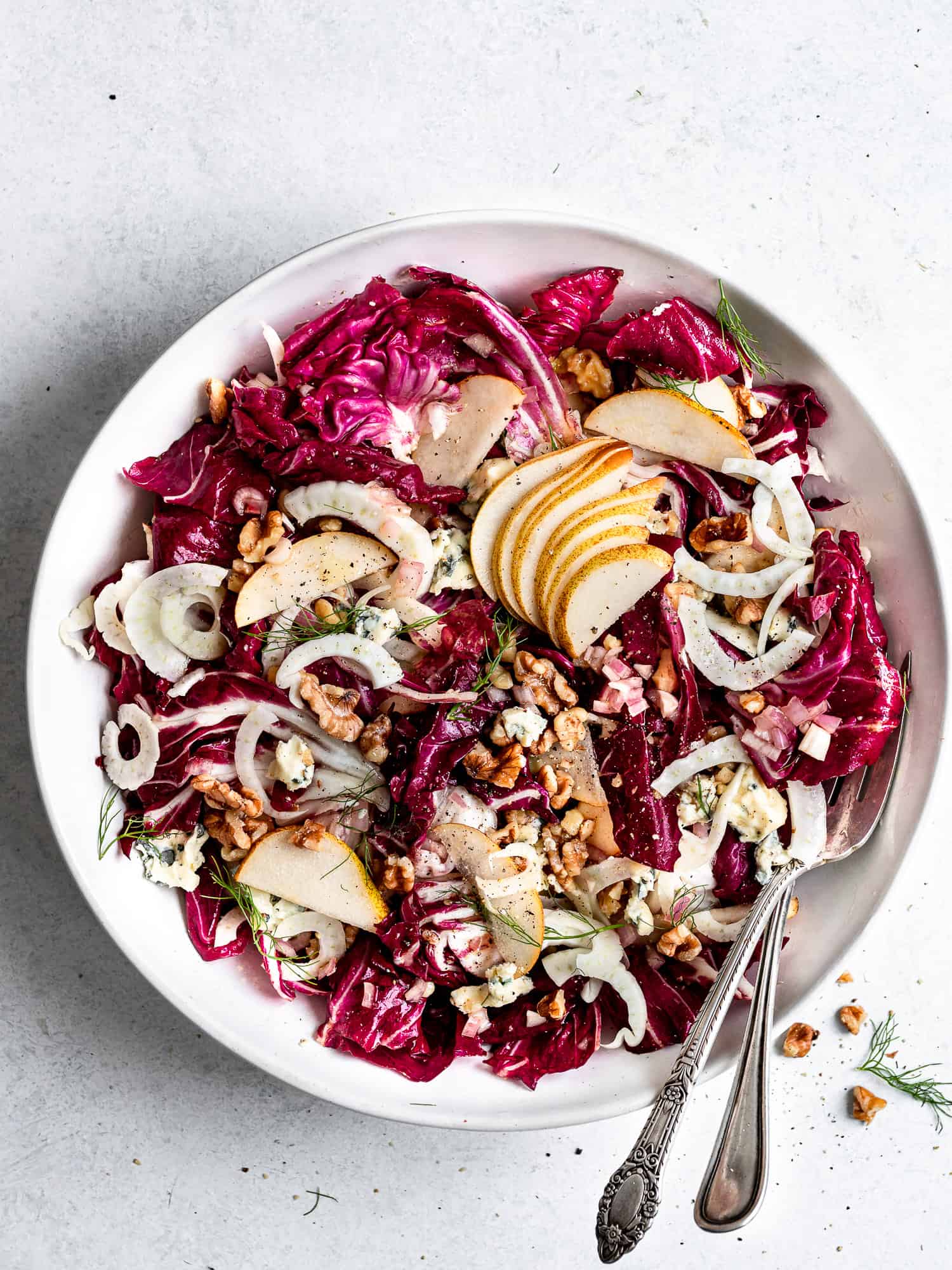 Radicchio Salad with fennel and pear in serving bowl