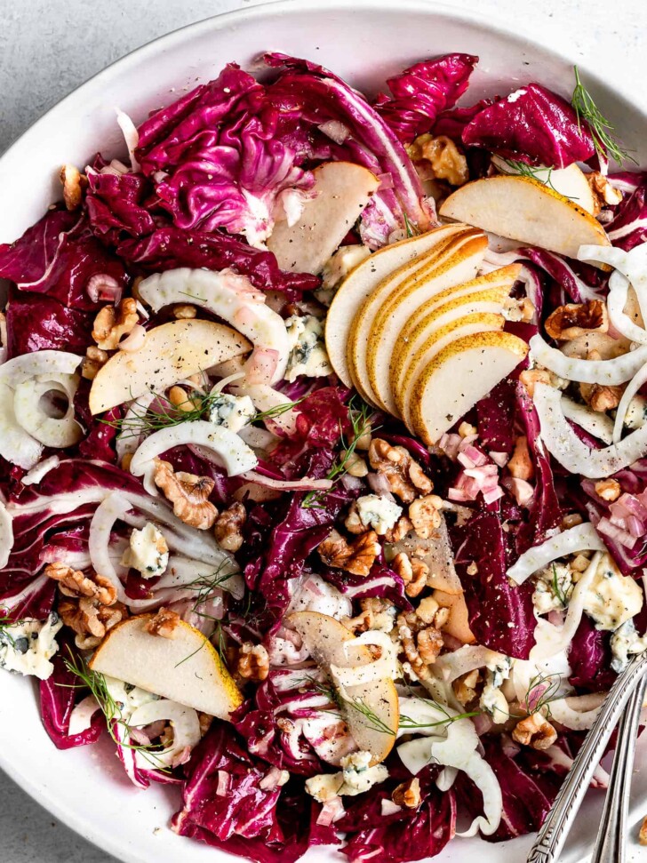 close-up of Radicchio Salad with fennel and pear in serving bowl
