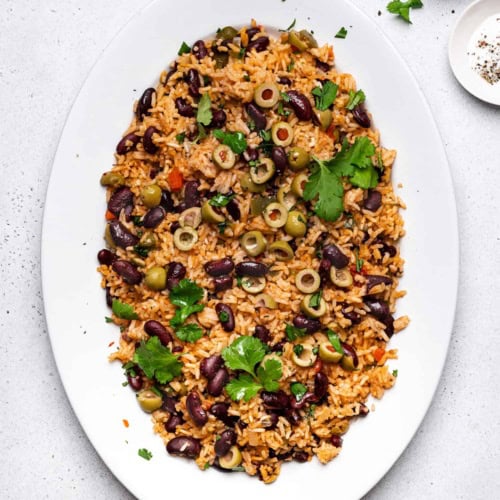 One-pot rice and beans served on platter