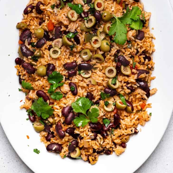 close-up of one-pot rice and beans served on platter