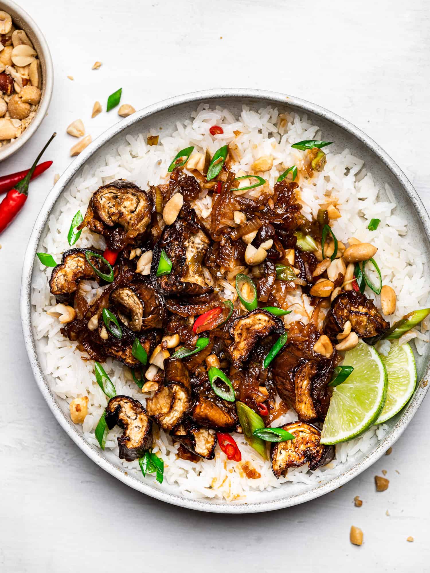 Chinese eggplant stir-fry served over coconut rice