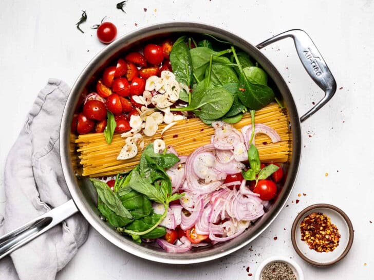 One pan pasta ingredients arranged in the pan