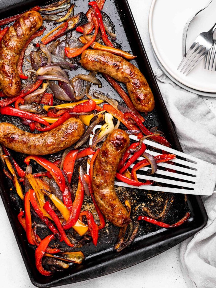 Baked sausage, peppers and onions