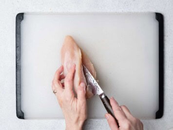 cutting a pocket in the chicken breast